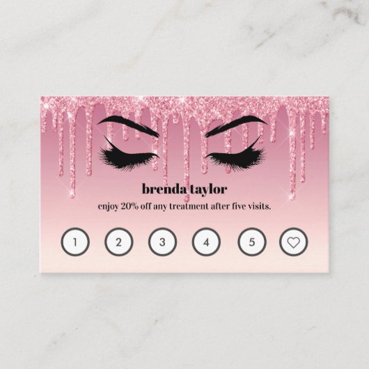 Rosa Glitzer Tropfen Browbar Eyelash Custom Loyalt Visitenkarte (Vorderseite)