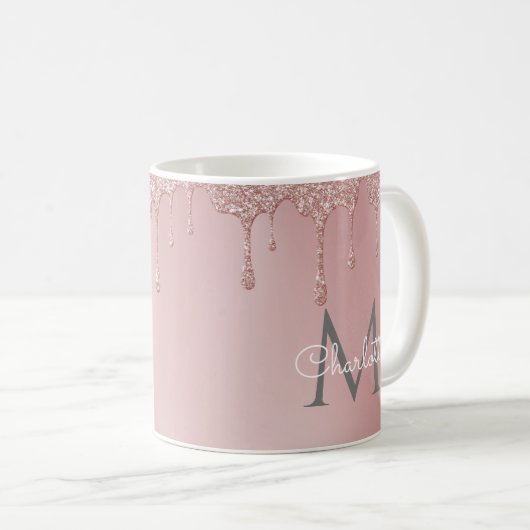 Rosa Glitzer Tropfen Elegante Girly Script Monogra Kaffeetasse (VorderseiteRechts)