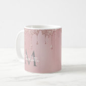 Rosa Glitzer Tropfen Elegante Girly Script Monogra Kaffeetasse (Vorderseite Links)