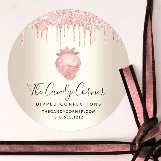 Rosa Glitzer Tropfen Erdbeeren Konfektion Gold Runder Aufkleber