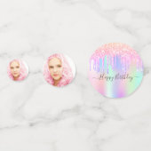 Rosa Glitzer Tropfen Foto holografischer Geburtsta Konfetti (Rückseiten)