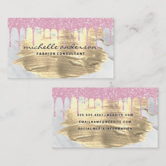 Rosa Glitzer Tropfen | Gold gebürstet | Marmor Visitenkarte (Vorne/Hinten)