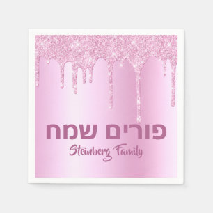 Rosa Glitzer Tropfen Happy Purim Serviette
