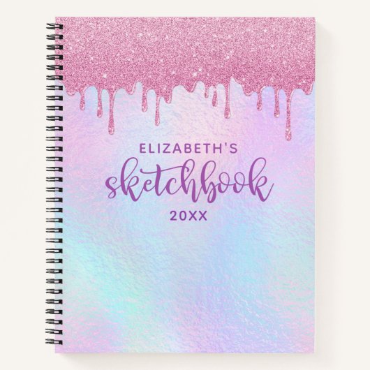 Rosa Glitzer Tropfen Holographic Unicorn Sketchboo Notizblock (Vorderseite)