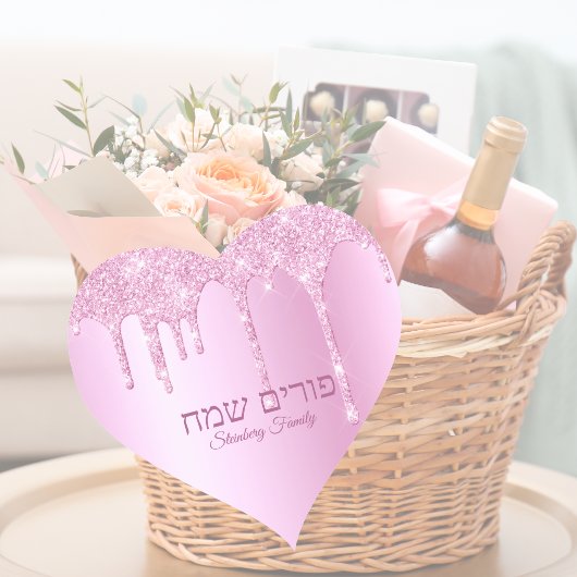 Rosa Glitzer Tropfen Judisch Hebräisch Happy Purim Herz-Aufkleber