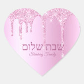 Rosa Glitzer Tropfen Judisch Hebräisch Shabbat Sha Herz-Aufkleber (Vorderseite)