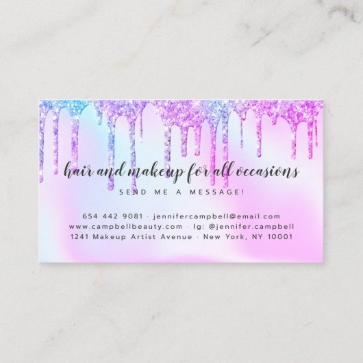 Rosa Glitzer Tropfen Make-up Haar holografisches E Visitenkarte (Rückseite)
