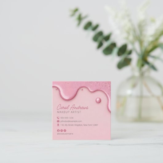 Rosa Glitzer Tropfen Makeup Artist Lash Beauty Sal Quadratische Visitenkarte (Stehend Vorderseite)