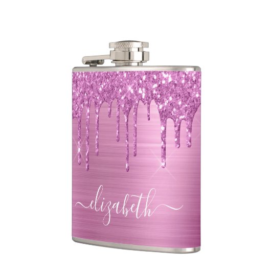 Rosa Glitzer Tropfen Mit Monogramm Flachmann (Links)