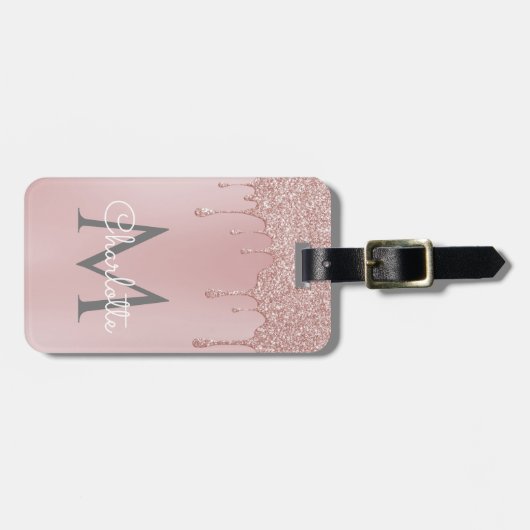 Rosa Glitzer Tropfen Monogram Elegante Girly Scrip Gepäckanhänger (Vorderseite horizontal)