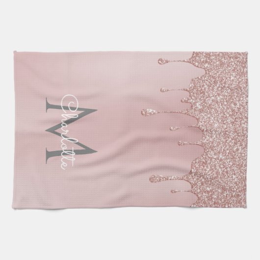 Rosa Glitzer Tropfen Monogram Girl Script Geschirrtuch (Horizontal)