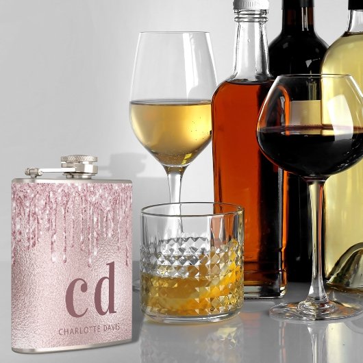 Rosa Glitzer Tropfen Monogramm Flachmann