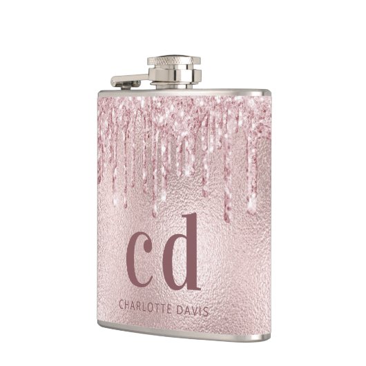 Rosa Glitzer Tropfen Monogramm Flachmann (Links)