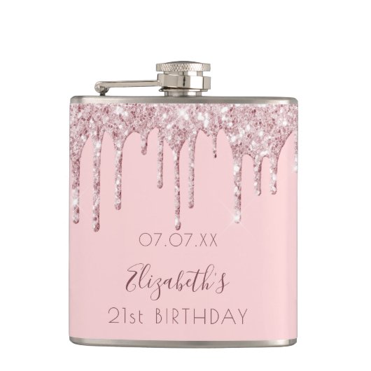 Rosa Glitzer Tropfen Monogramm Flachmann (Vorderseite)