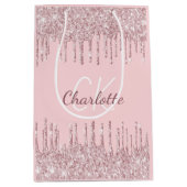 Rosa Glitzer Tropfen Monogramm-Luxus Mittlere Geschenktüte (Vorderseite)
