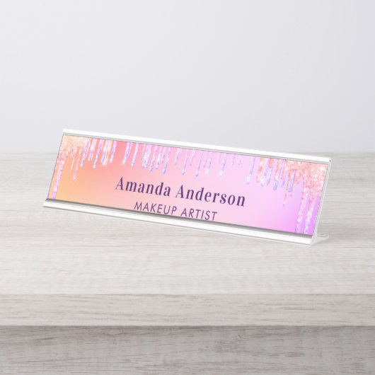 Rosa Glitzer Tropfen Monogramm Schönheit Schreibtischnamensplakette (Vorderseite )