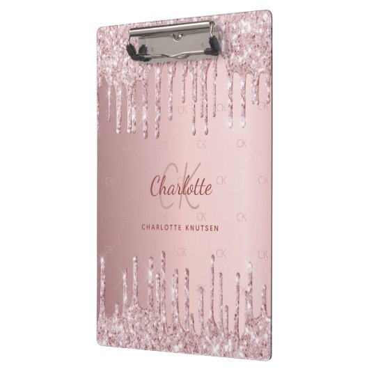 Rosa Glitzer Tropfen Monogramm-Skript Klemmbrett (Links)