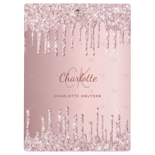 Rosa Glitzer Tropfen Monogramm-Skript Klemmbrett (Rückseite)