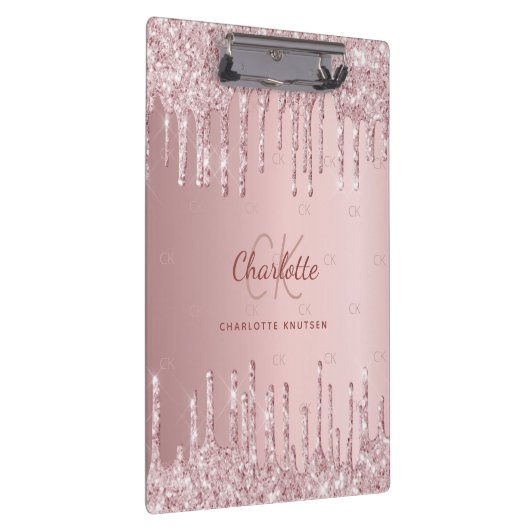 Rosa Glitzer Tropfen Monogramm-Skript Klemmbrett (Rechts)