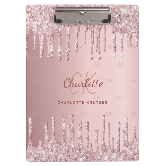 Rosa Glitzer Tropfen Monogramm-Skript Klemmbrett (Vorderseite)