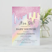 Rosa Glitzer Tropfen Rainbow Holographic Baby Show Einladung (Stehend Vorderseite)