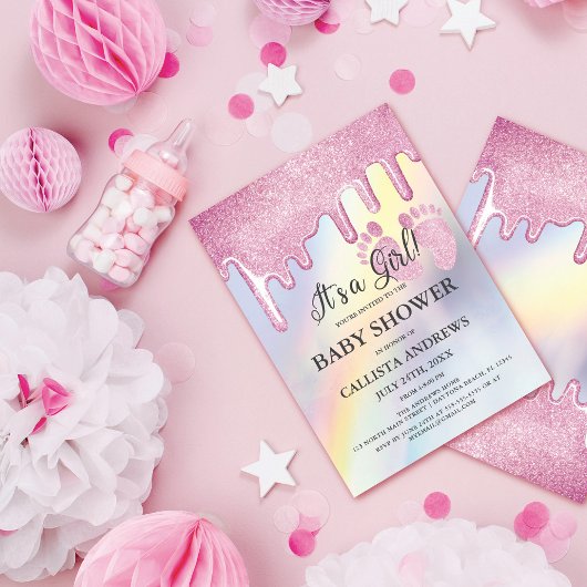 Rosa Glitzer Tropfen Rainbow Holographic Baby Show Einladung