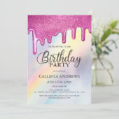 Rosa Glitzer Tropfen Rainbow Holographic Birthday Einladung (Stehend Vorderseite)