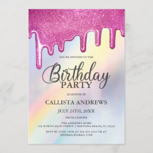 Rosa Glitzer Tropfen Rainbow Holographic Birthday Einladung