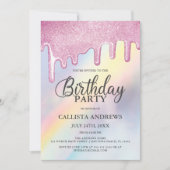 Rosa Glitzer Tropfen Rainbow Holographic Birthday Einladung (Vorderseite)
