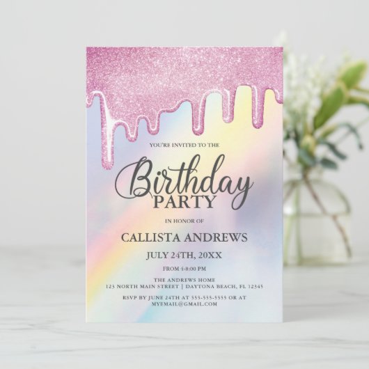 Rosa Glitzer Tropfen Rainbow Holographic Birthday Einladung (Stehend Vorderseite)