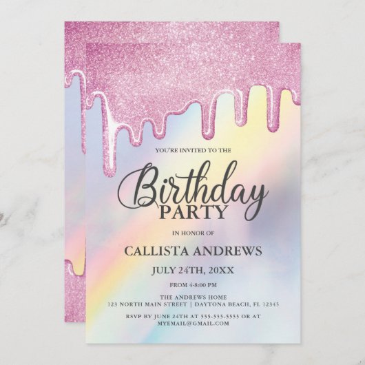 Rosa Glitzer Tropfen Rainbow Holographic Birthday Einladung (Vorne/Hinten)