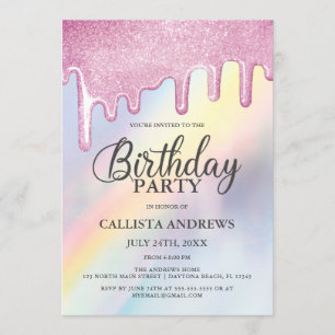 Rosa Glitzer Tropfen Rainbow Holographic Birthday Einladung