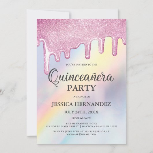 Rosa Glitzer Tropfen Rainbow Holographic Quinceañe Einladung (Vorderseite)