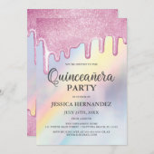 Rosa Glitzer Tropfen Rainbow Holographic Quinceañe Einladung (Vorne/Hinten)