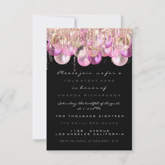 Rosa Glitzer Tropfen Rose Black Bridal Sweet 16. Einladung (Vorderseite)