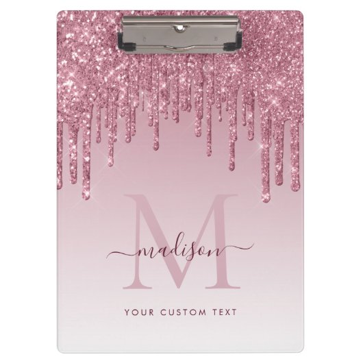 Rosa Glitzer Tropfen Sparkeln Modernes Monogramm Klemmbrett (Vorderseite)
