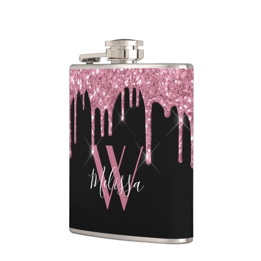 Rosa Glitzer Tropfen Sparky Monogram Black Flachmann (Links)