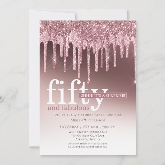 Rosa Glitzer Überraschung 50 und fabelhaft Geburts Einladung (Vorderseite)