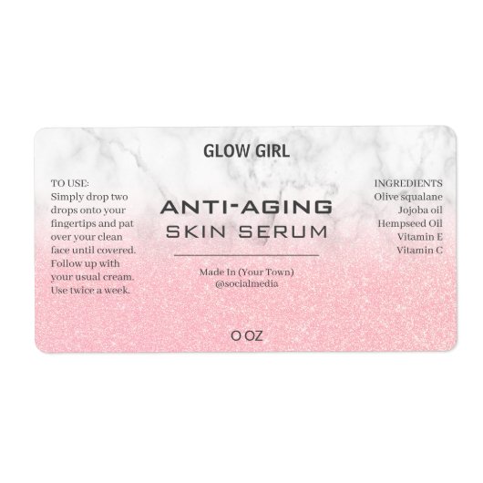 Rosa Glitzer- und Marmorserumetiketten (Vorne)