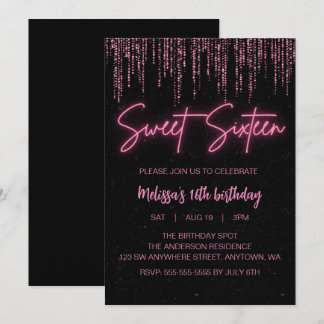 Rosa Glitzer und Schwarzer Sweet 16 Geburtstag Einladung