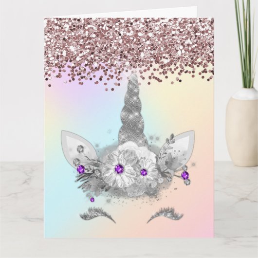 Rosa Glitzer und Silber Einhorn Karte (Vorderseite)