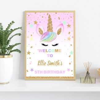Rosa Glitzer Unicorn Geburtstagsparty Begrüßungsze Poster