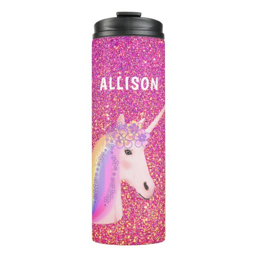Rosa Glitzer Unicorn Girl Personalisiert Thermosbecher (Vorderseite)