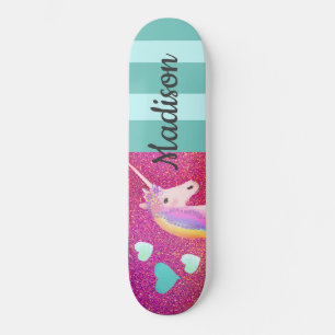 Rosa Glitzer Unicorn Herzkinder Personalisiert  Skateboard