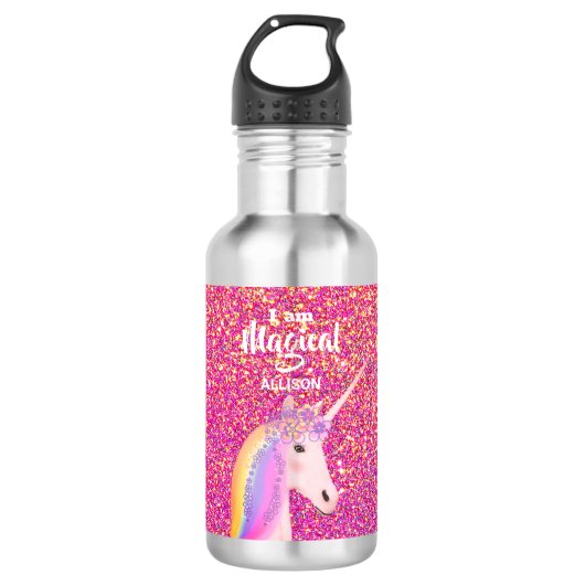 Rosa Glitzer Unicorn Ombre Personalisiert Kinder Edelstahlflasche (Vorderseite)