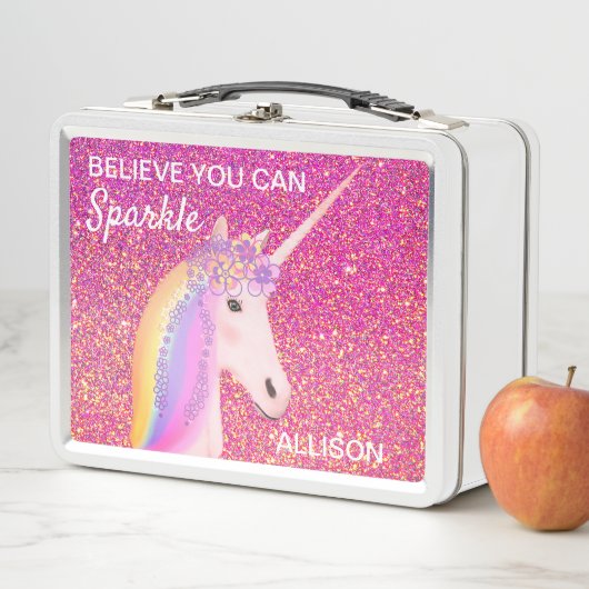 Rosa Glitzer Unicorn Personalisiertes Metall Brotdose (Beispiel)