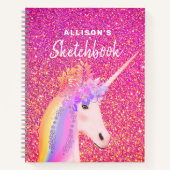 Rosa Glitzer Unicorn Sketchbook Personalisiert Nam Notizblock (Vorderseite)