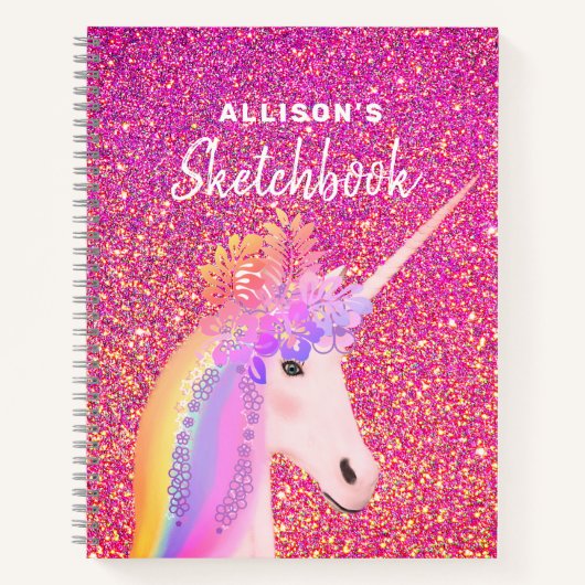 Rosa Glitzer Unicorn Sketchbook Personalisiert Nam Notizblock (Vorderseite)