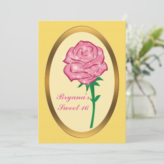 Rosa Glitzer Verzauberte Rose Elegantes Party Einladung (Stehend Vorderseite)