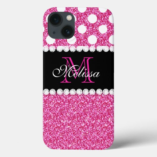Rosa Glitzer White Polka Dots Mit Monogramm Case-Mate iPhone Hülle (Rückseite)